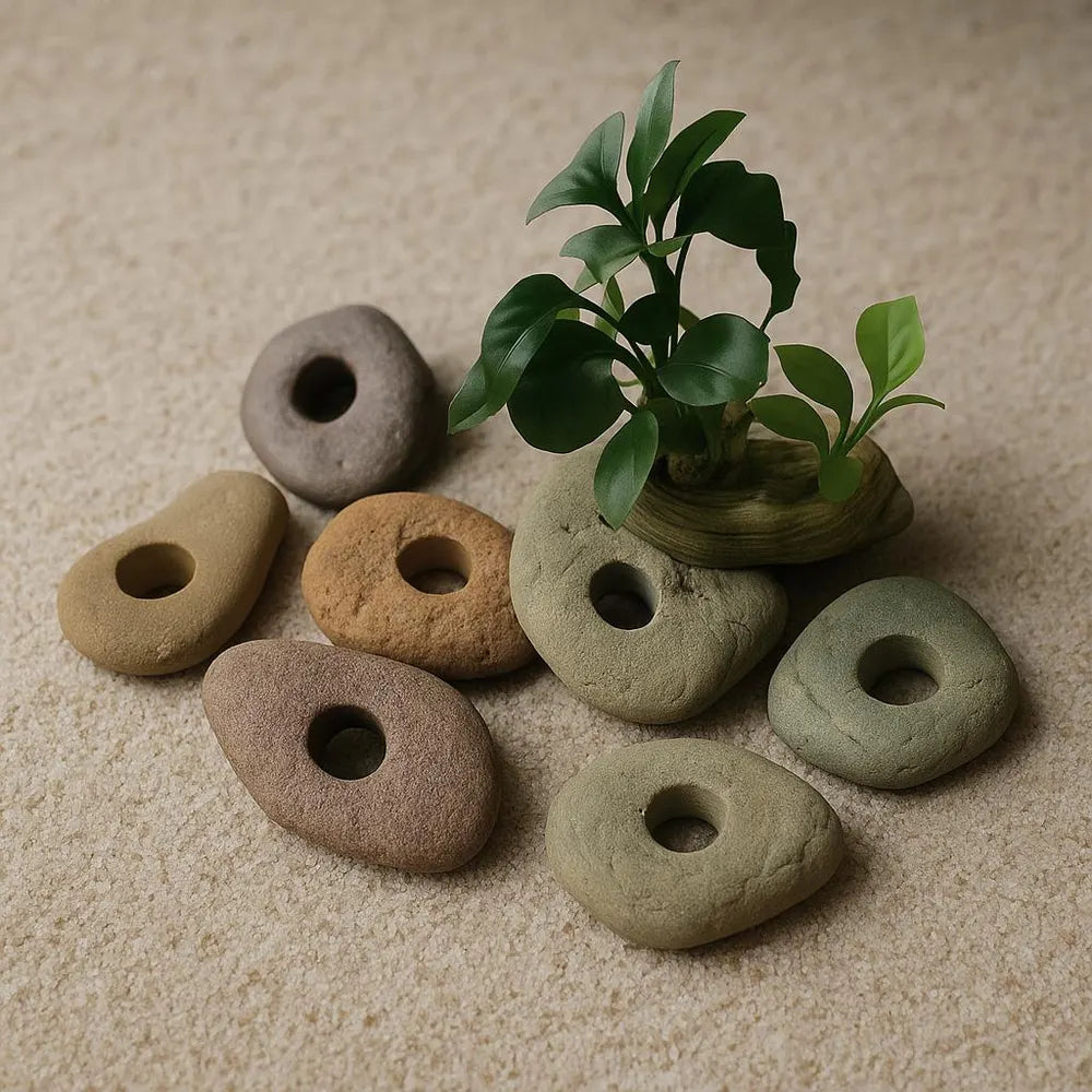 Aquarium Plant Holder Rock – Natural River Stone with Hole | Handmade Fish Tank Decor and Aquascape Accessory