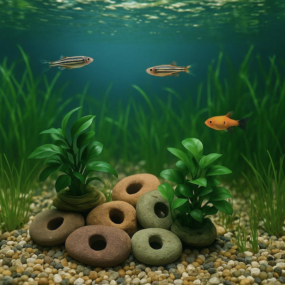 Aquarium Plant Holder Rock – Natural River Stone with Hole | Handmade Fish Tank Decor and Aquascape Accessory