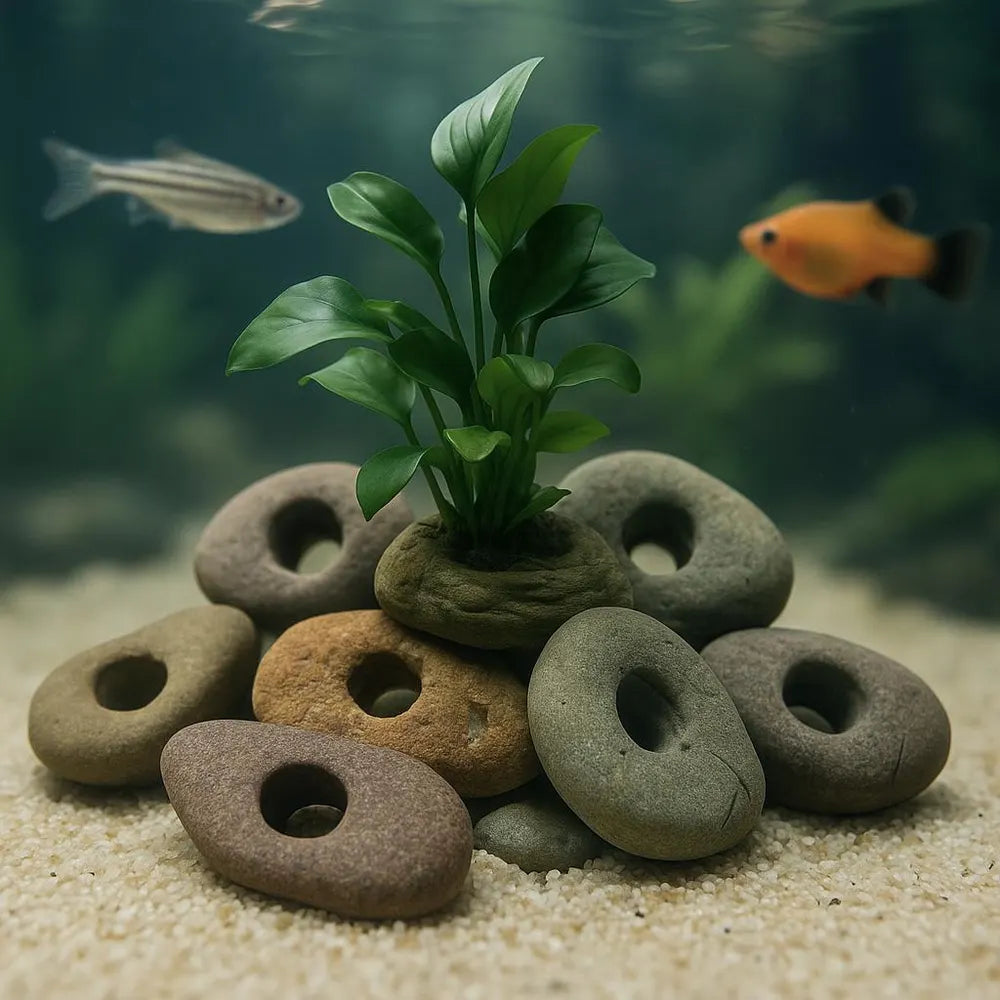 Aquarium Plant Holder Rock – Natural River Stone with Hole | Handmade Fish Tank Decor and Aquascape Accessory