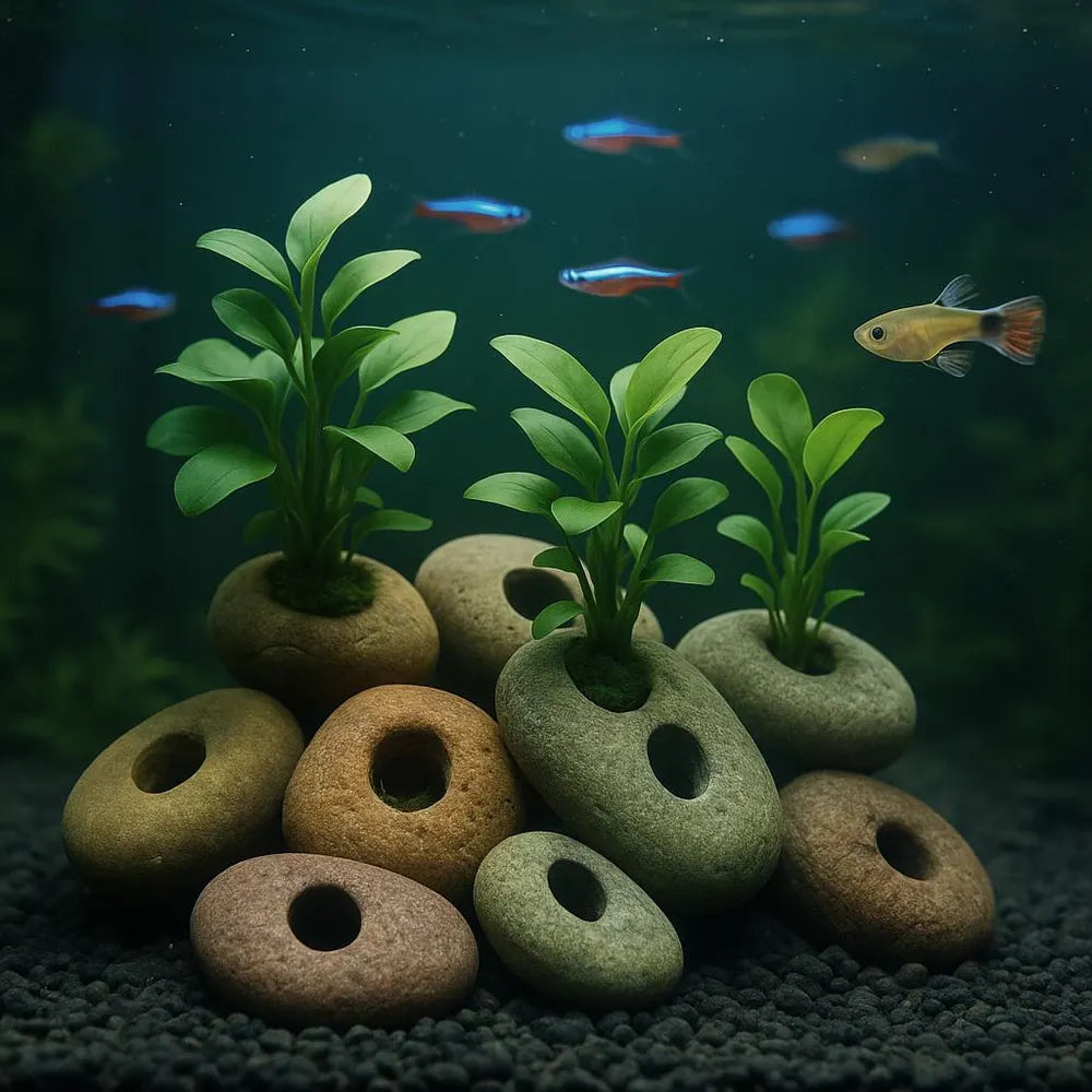 Aquarium Plant Holder Rock – Natural River Stone with Hole | Handmade Fish Tank Decor and Aquascape Accessory