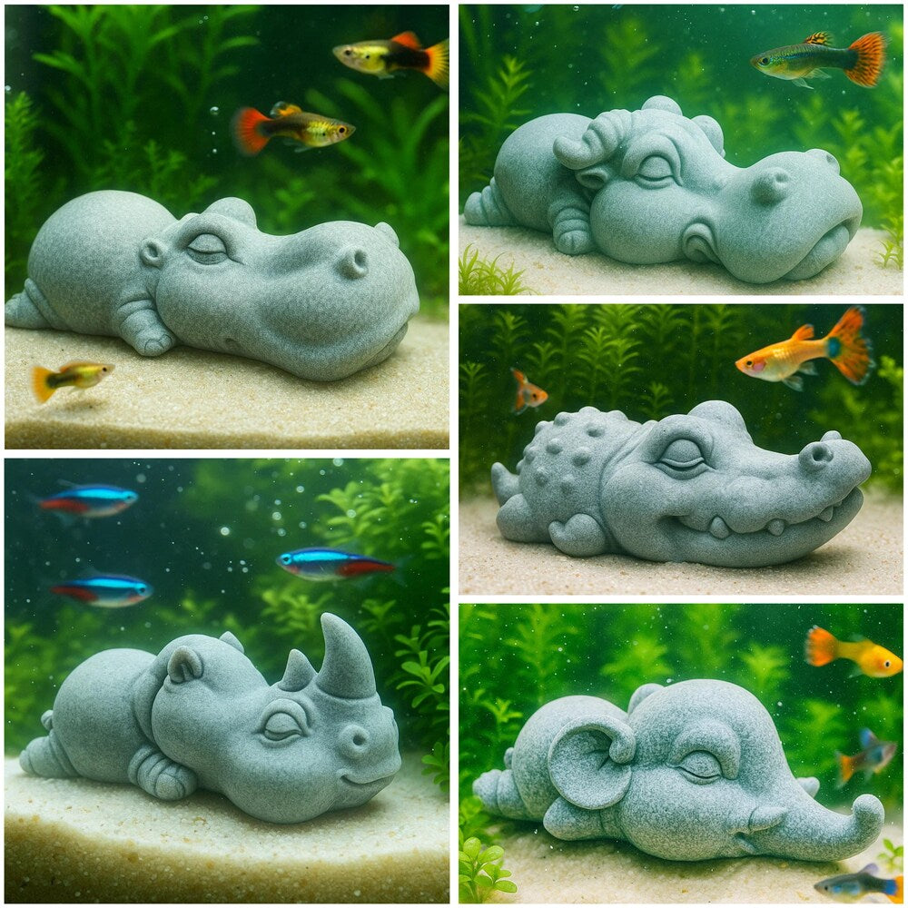 Sleeping Animal Stone Aquarium Decor – Artificial Sandstone Figurine | Cute Fish Tank Ornament and Aquascape Zen Sculpture