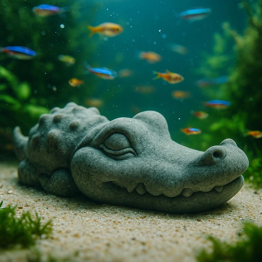 Stone Crocodile Aquarium Decor – Artificial Sandstone Figurine | Handmade Fish Tank Ornament and Aquascape Zen Sculpture