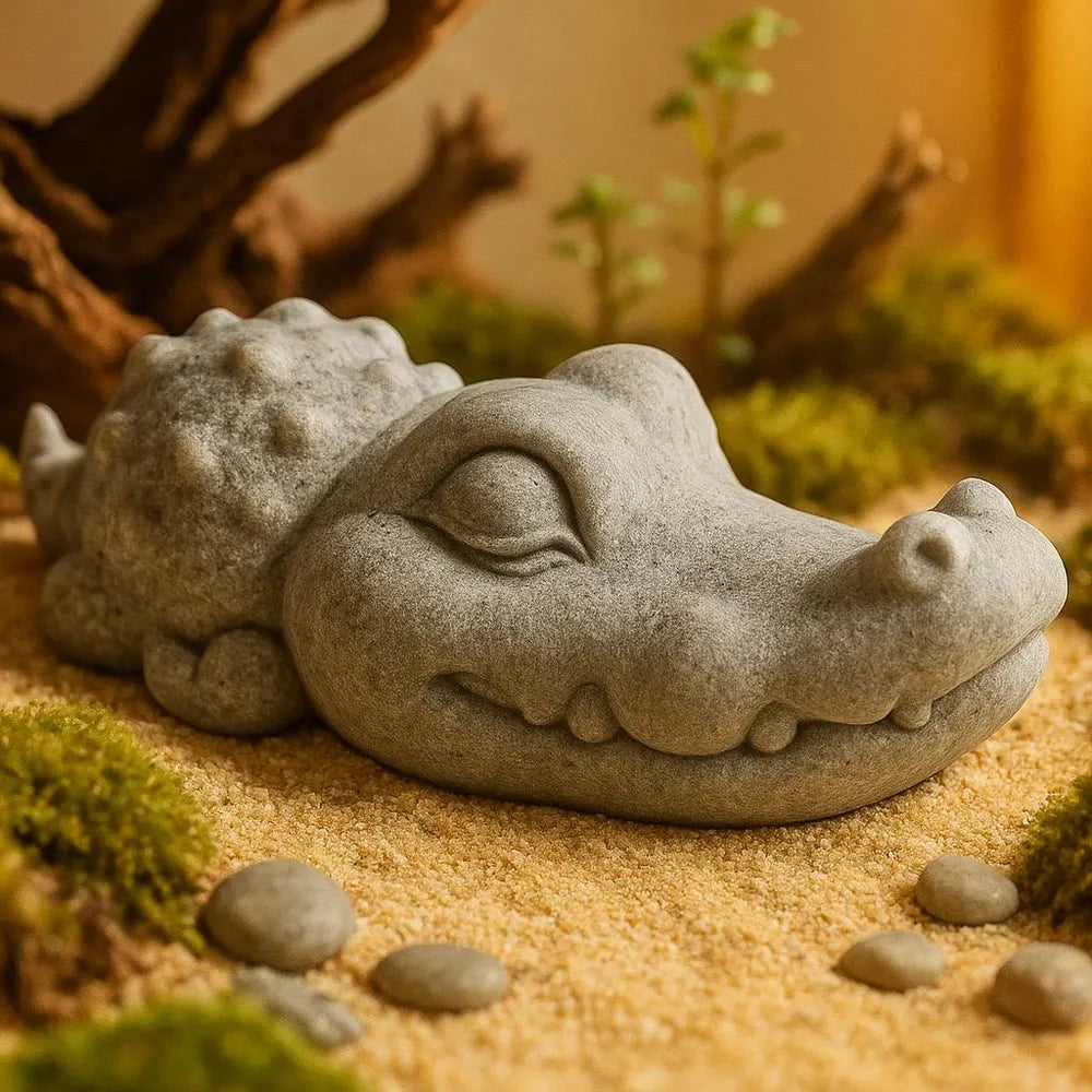 Stone Crocodile Aquarium Decor – Artificial Sandstone Figurine | Handmade Fish Tank Ornament and Aquascape Zen Sculpture