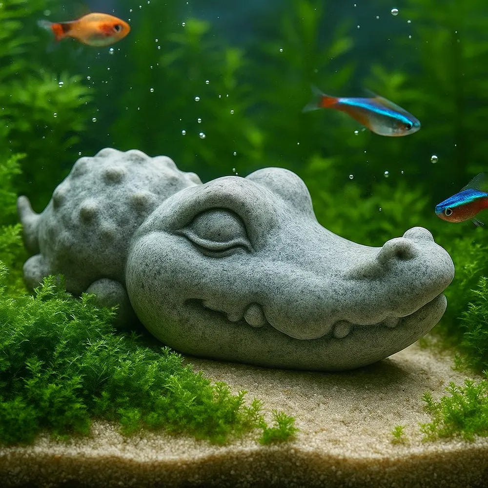Stone Crocodile Aquarium Decor – Artificial Sandstone Figurine | Handmade Fish Tank Ornament and Aquascape Zen Sculpture