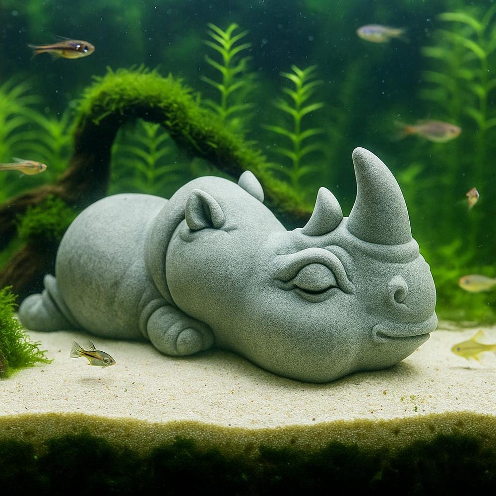 Stone Rhino Aquarium Decor – Artificial Sandstone Figurine | Handmade Fish Tank Ornament and Aquascape Zen Sculpture