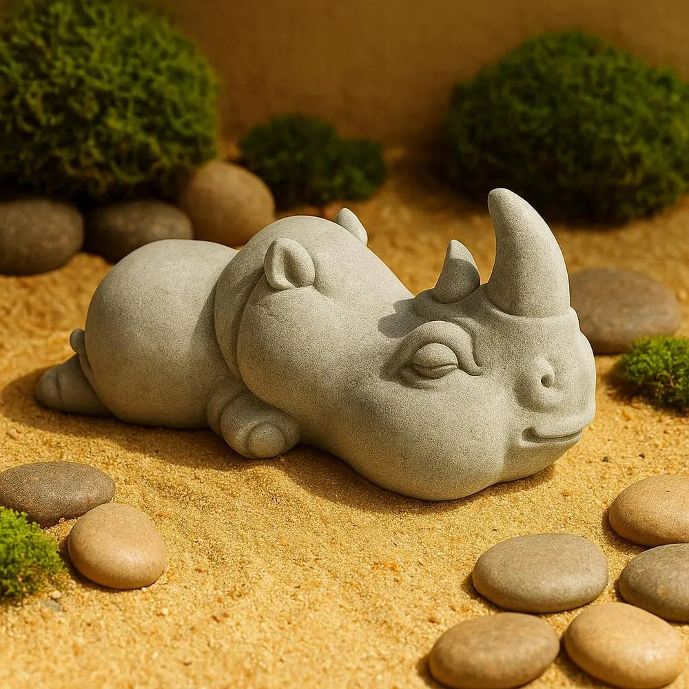 Stone Rhino Aquarium Decor – Artificial Sandstone Figurine | Handmade Fish Tank Ornament and Aquascape Zen Sculpture