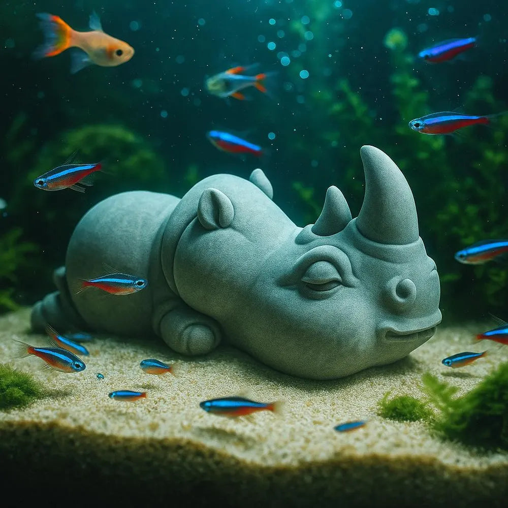 Stone Rhino Aquarium Decor – Artificial Sandstone Figurine | Handmade Fish Tank Ornament and Aquascape Zen Sculpture