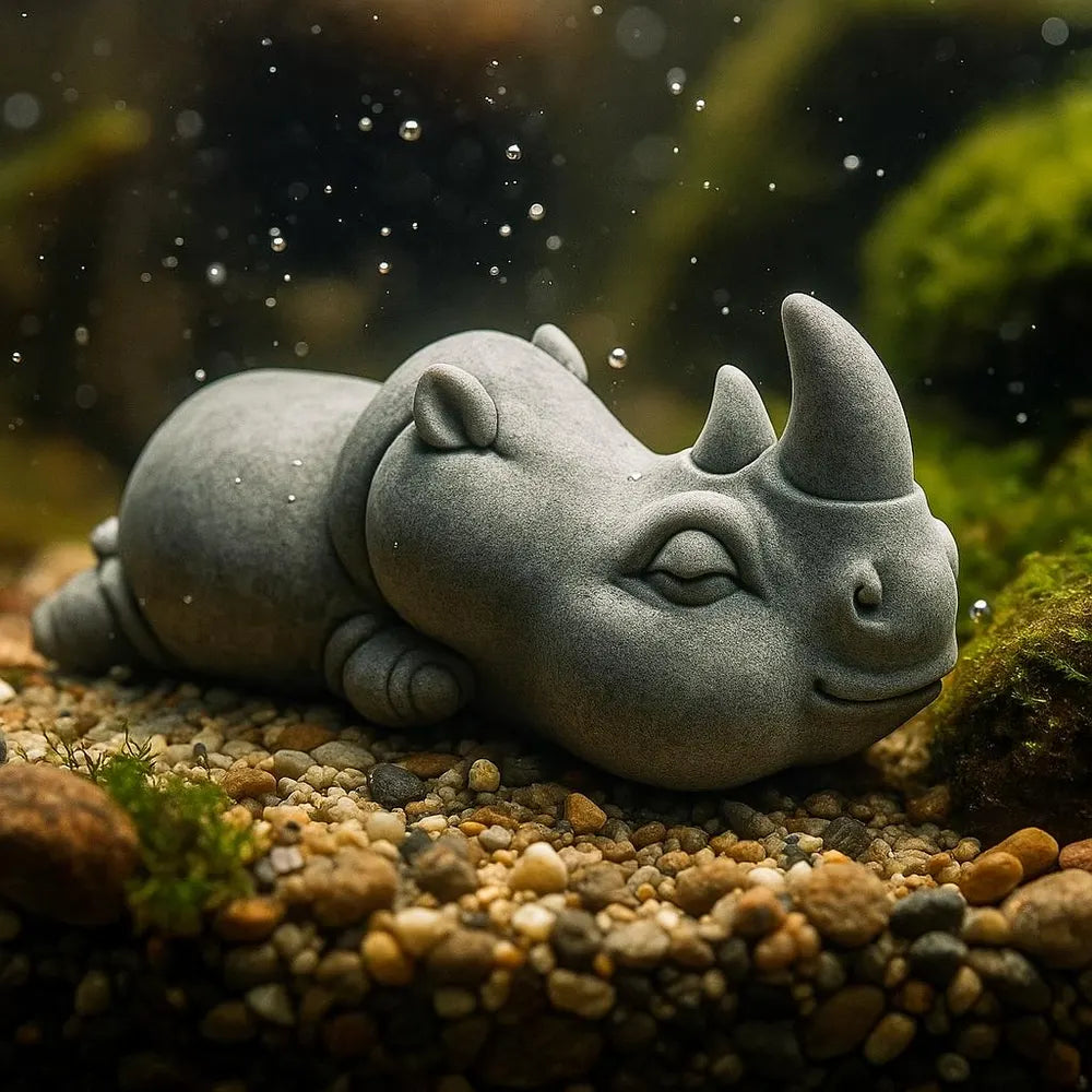 Stone Rhino Aquarium Decor – Artificial Sandstone Figurine | Handmade Fish Tank Ornament and Aquascape Zen Sculpture