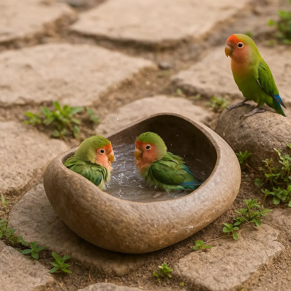 Natural Stone Parrot Bath Bowl – Handmade River Pebble Birdbath | For Parrots, Cockatiels and Garden Decor