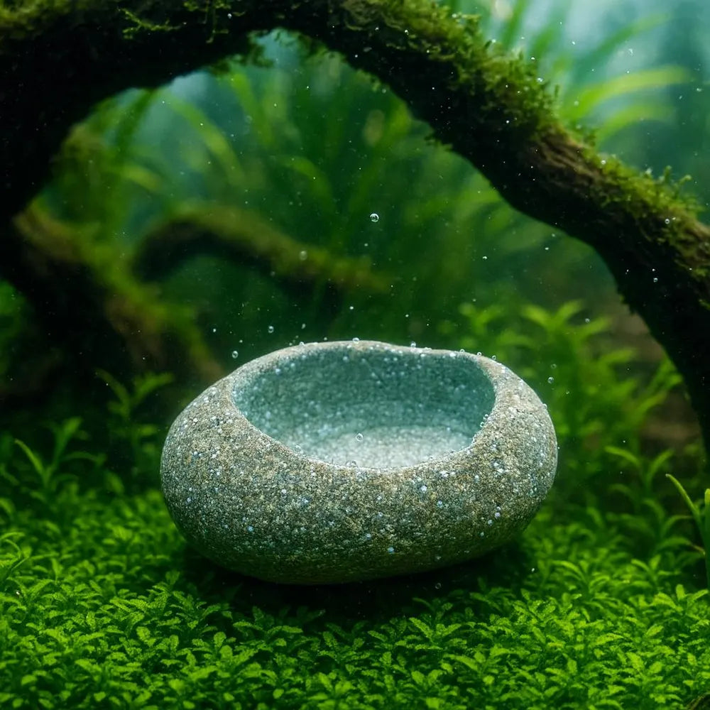 Aquarium Shrimp Cave Feeding Bowl | Betta Fish Dish | Natural River Stone | Snail Tank Decor Rock Bowl