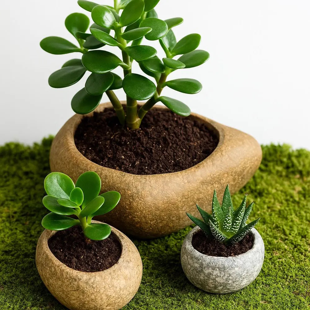 Natural Stone Planter Set – 3 Handmade River Rock Pots | Mini Plant Pots | Indoor Planter Set | Stone Flower Pot | Home and Garden Decor