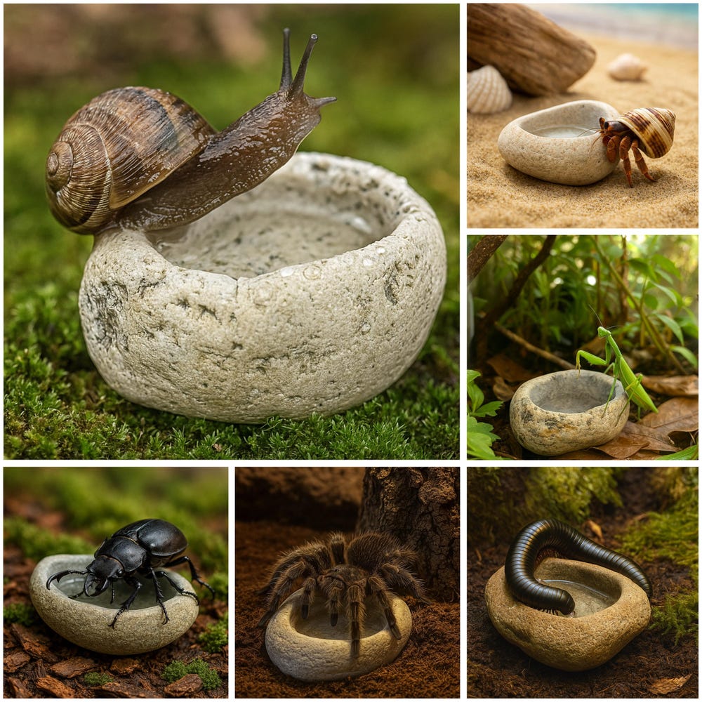 Natural Stone Invertebrate Water Dish for Terrarium — Tarantula, Scorpion, Millipede Hydration Bowl — Real River Rock