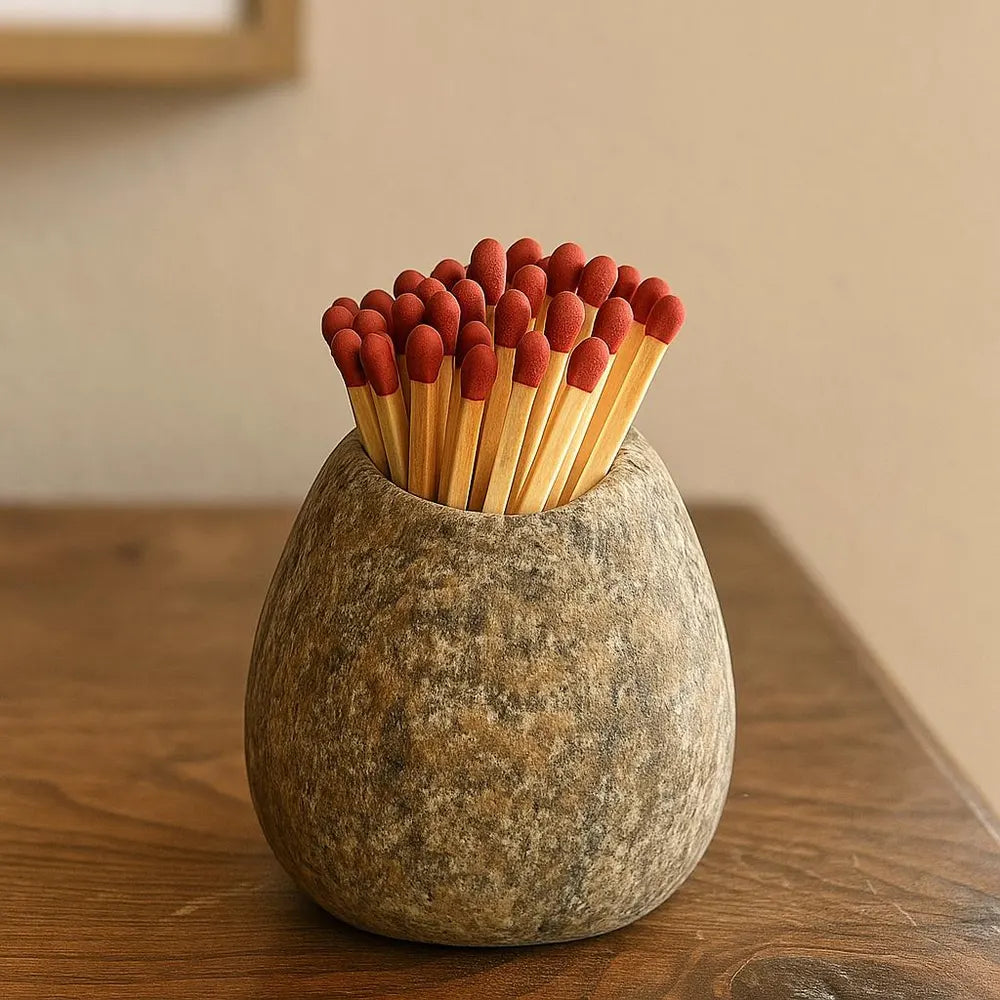Natural River Stone Match Holder – Rustic Matchstick Holder – Stone Match Striker – Wabi-Sabi Minimalist Home Decor