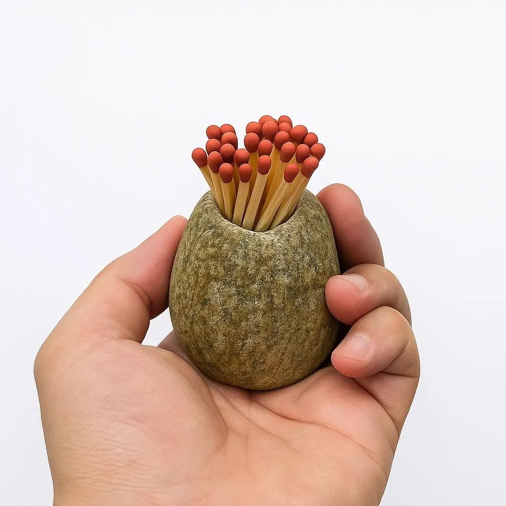 Natural River Stone Match Holder – Rustic Matchstick Holder – Stone Match Striker – Wabi-Sabi Minimalist Home Decor