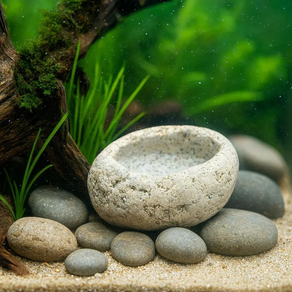 Aquarium Shrimp Cave Feeding Bowl | Betta Fish Dish | Natural River Stone | Snail Tank Decor Rock Bowl