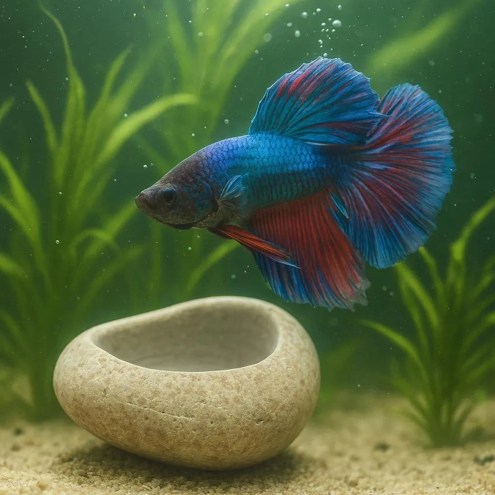 Aquarium Shrimp Cave Feeding Bowl | Betta Fish Dish | Natural River Stone | Snail Tank Decor Rock Bowl