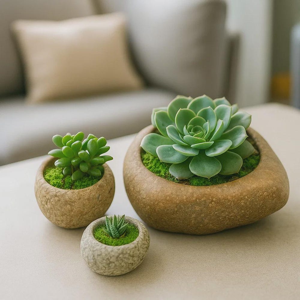 Natural Stone Planter Set – 3 Handmade River Rock Pots | Mini Plant Pots | Indoor Planter Set | Stone Flower Pot | Home and Garden Decor