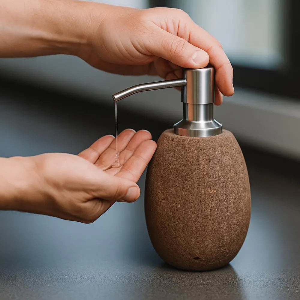 Natural River Stone Kitchen Soap Dispenser – Heavy Dish Soap Bottle, Stainless Steel Pump, Eco-Friendly No-Plastic Sink Decor