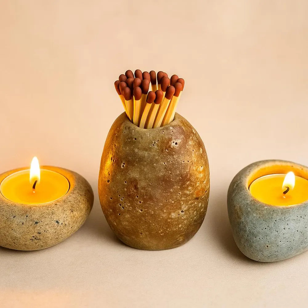 Natural River Stone Match Holder – Rustic Matchstick Holder – Stone Match Striker – Wabi-Sabi Minimalist Home Decor
