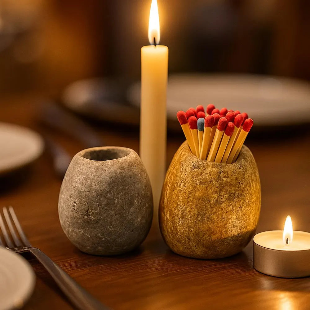 Natural River Stone Match Holder – Rustic Matchstick Holder – Stone Match Striker – Wabi-Sabi Minimalist Home Decor