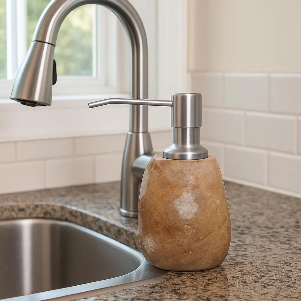 Natural River Stone Kitchen Soap Dispenser – Heavy Dish Soap Bottle, Stainless Steel Pump, Eco-Friendly No-Plastic Sink Decor