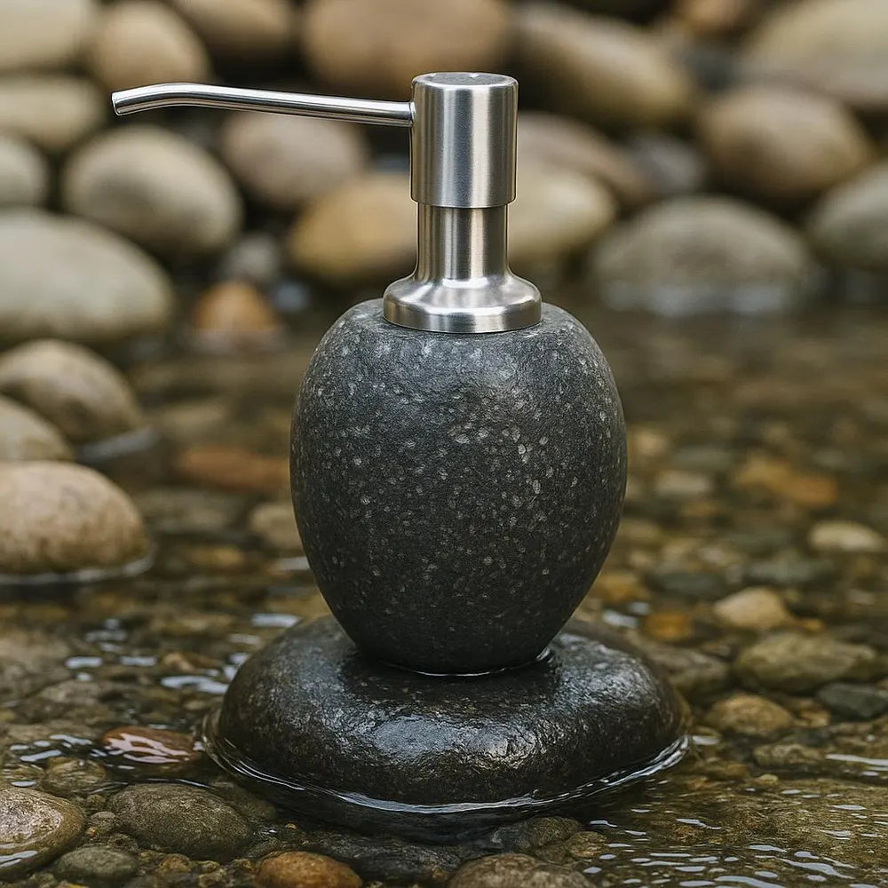 Natural River Stone Kitchen Soap Dispenser – Heavy Dish Soap Bottle, Stainless Steel Pump, Eco-Friendly No-Plastic Sink Decor