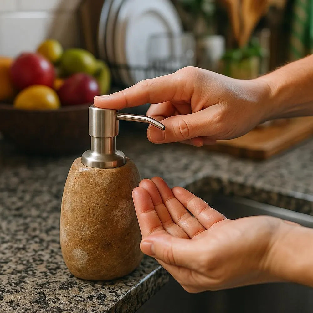 Natural River Stone Kitchen Soap Dispenser – Heavy Dish Soap Bottle, Stainless Steel Pump, Eco-Friendly No-Plastic Sink Decor
