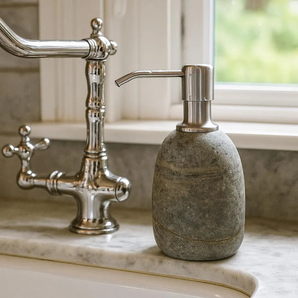 Natural River Stone Kitchen Soap Dispenser – Heavy Dish Soap Bottle, Stainless Steel Pump, Eco-Friendly No-Plastic Sink Decor