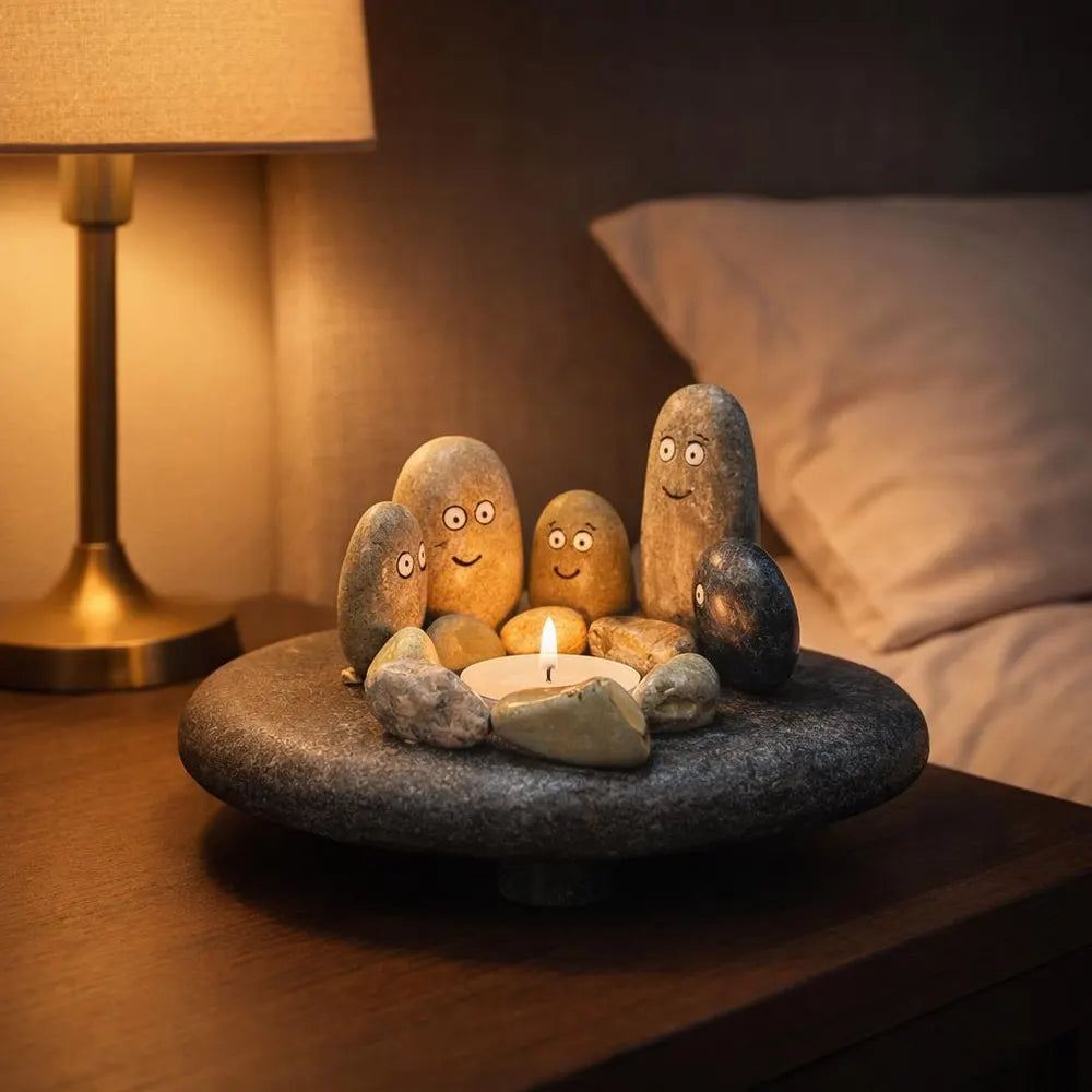 Hand Painted Pebble Candle Holder | Stone Family Figurine Decor | Handmade River Rock Art | Cute Minimal Home Gift
