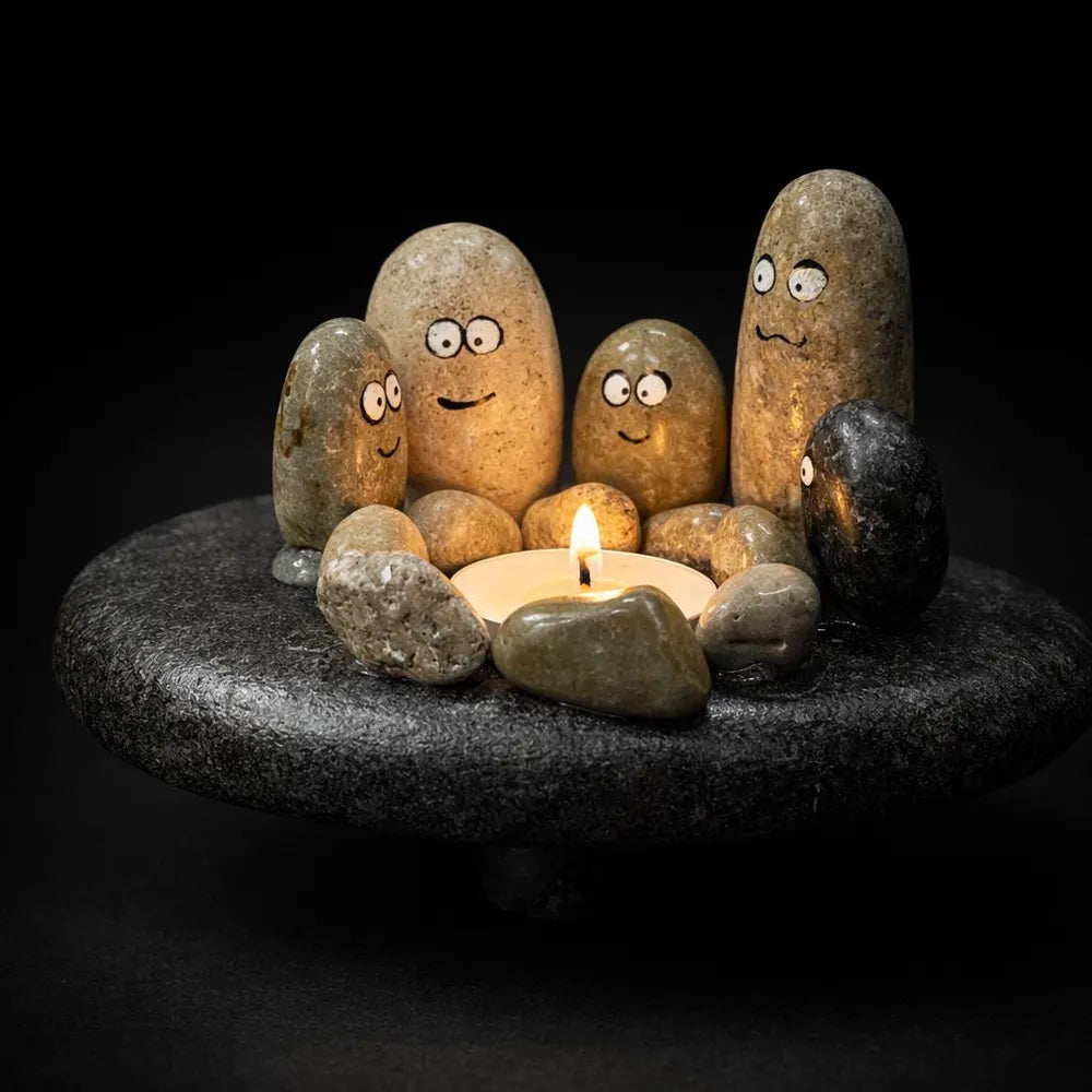 Hand Painted Pebble Candle Holder | Stone Family Figurine Decor | Handmade River Rock Art | Cute Minimal Home Gift
