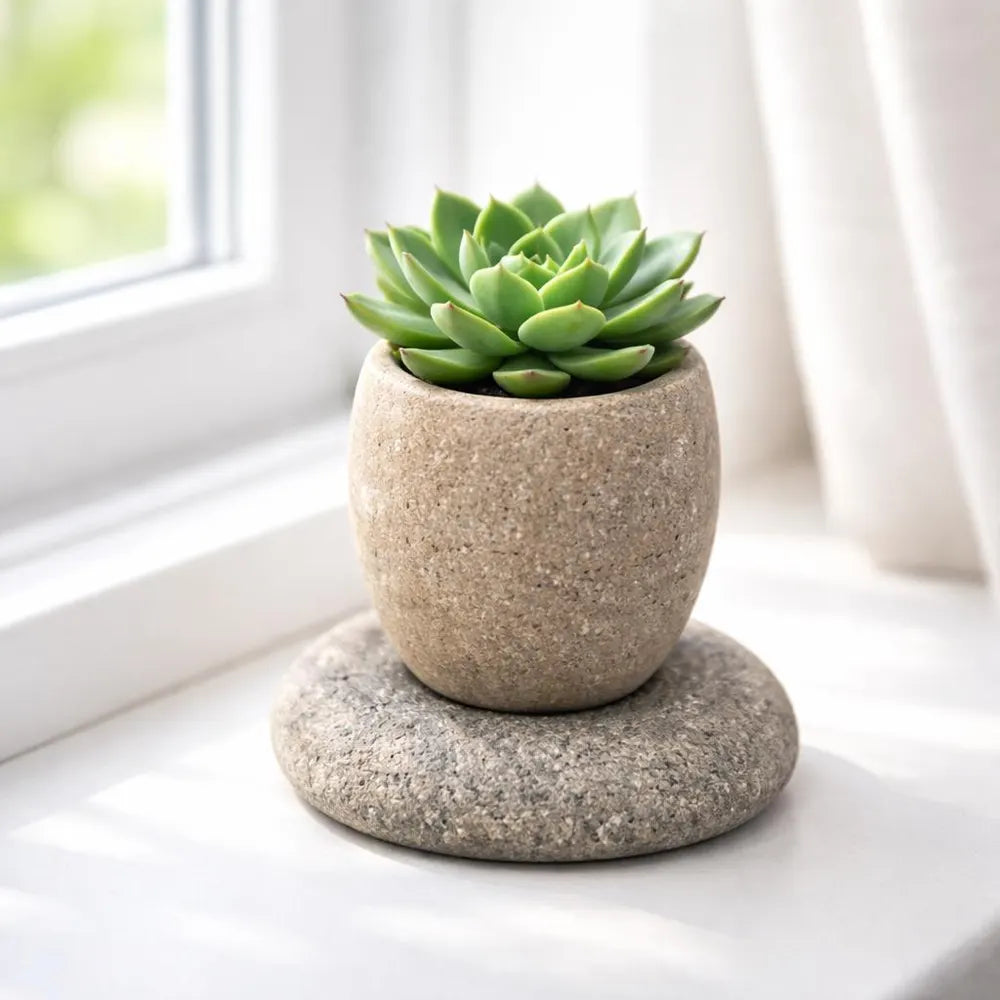 Succulent Planter — Natural River Stone Desk Pot with Base, Small Miniature Indoor Bowl