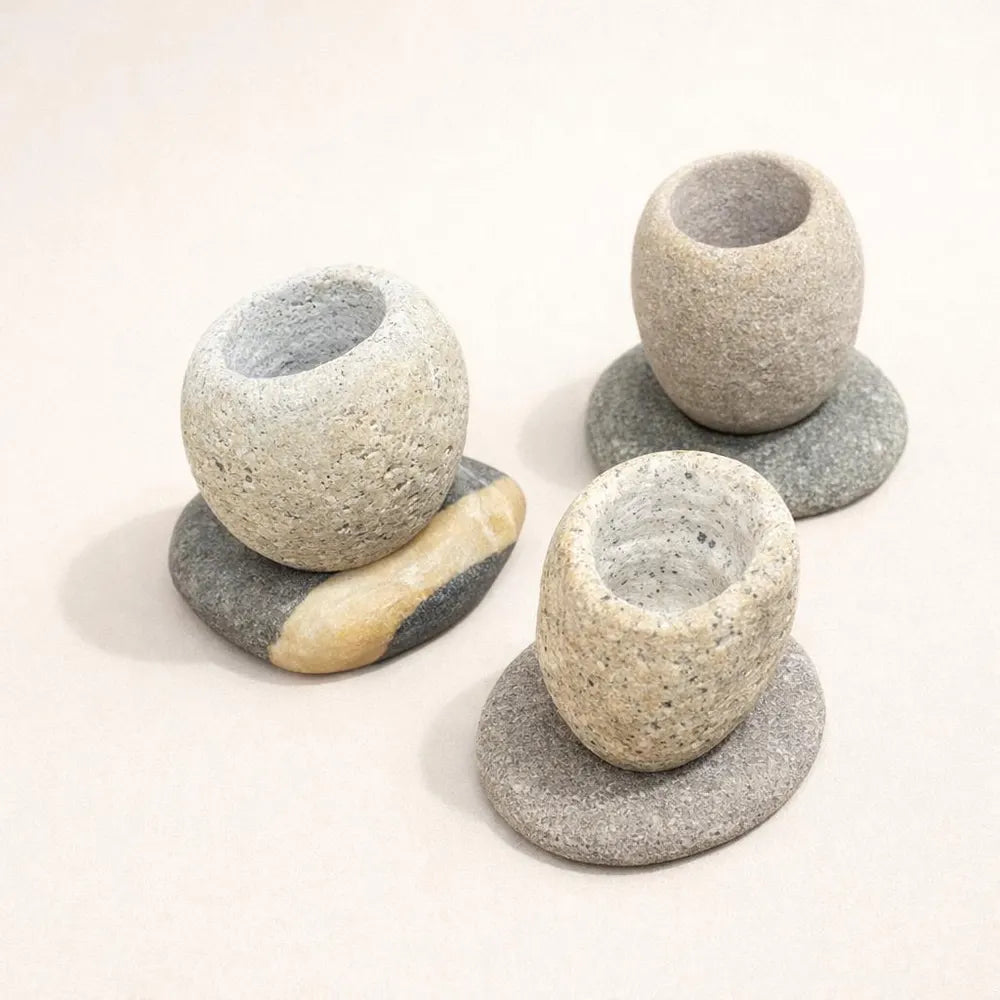 Succulent Planter — Natural River Stone Desk Pot with Base, Small Miniature Indoor Bowl