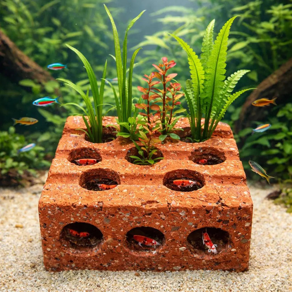 Aquarium Planter Brick with Shrimp Cave | Aquatic Planter Pot | Shrimp Hideout with Plant Holes | Natural Aquarium Decor