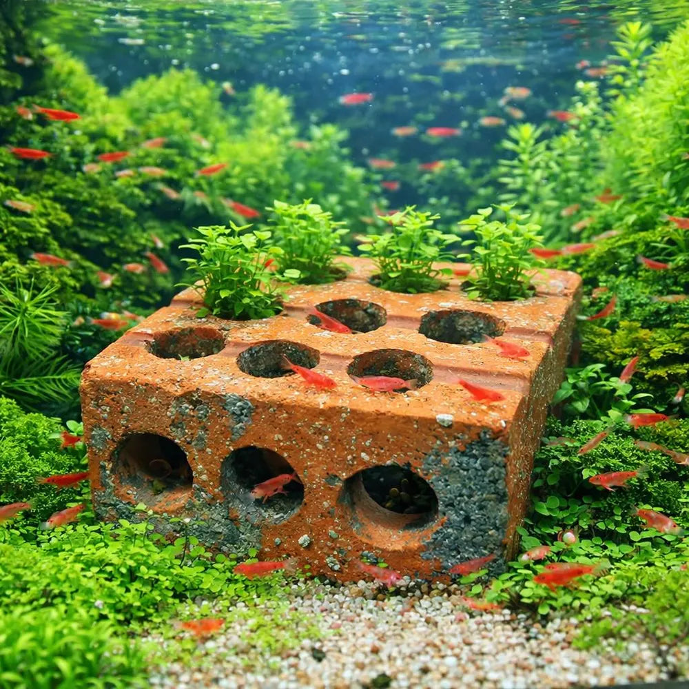 Aquarium Planter Brick with Shrimp Cave | Aquatic Planter Pot | Shrimp Hideout with Plant Holes | Natural Aquarium Decor