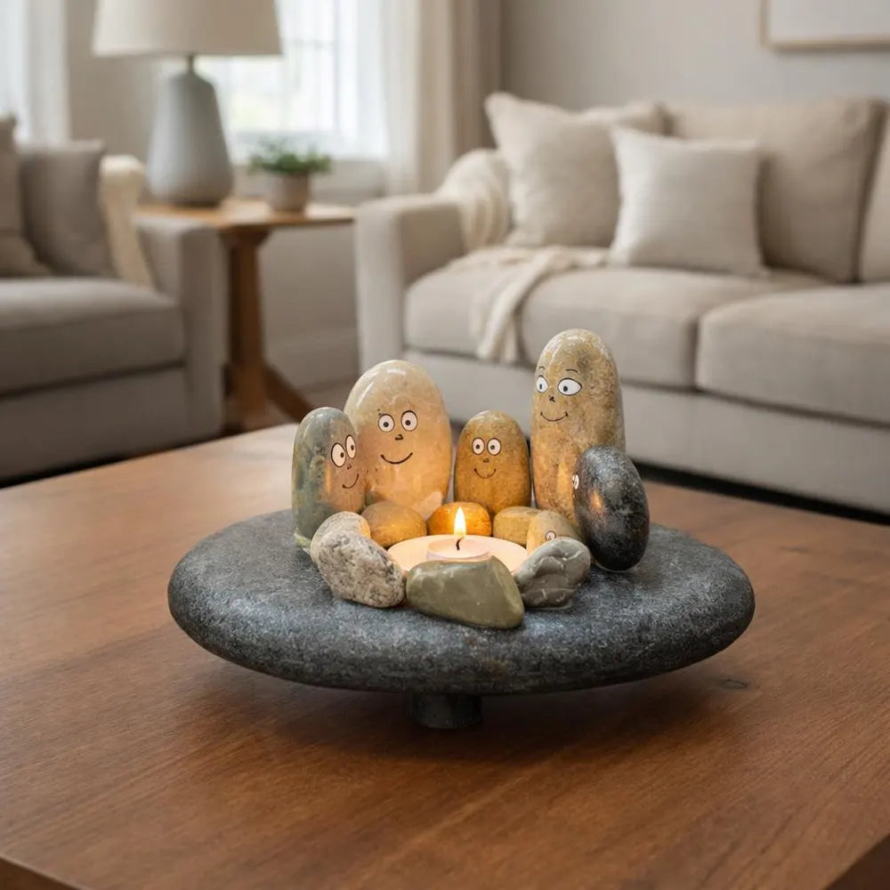 Hand Painted Pebble Candle Holder | Stone Family Figurine Decor | Handmade River Rock Art | Cute Minimal Home Gift