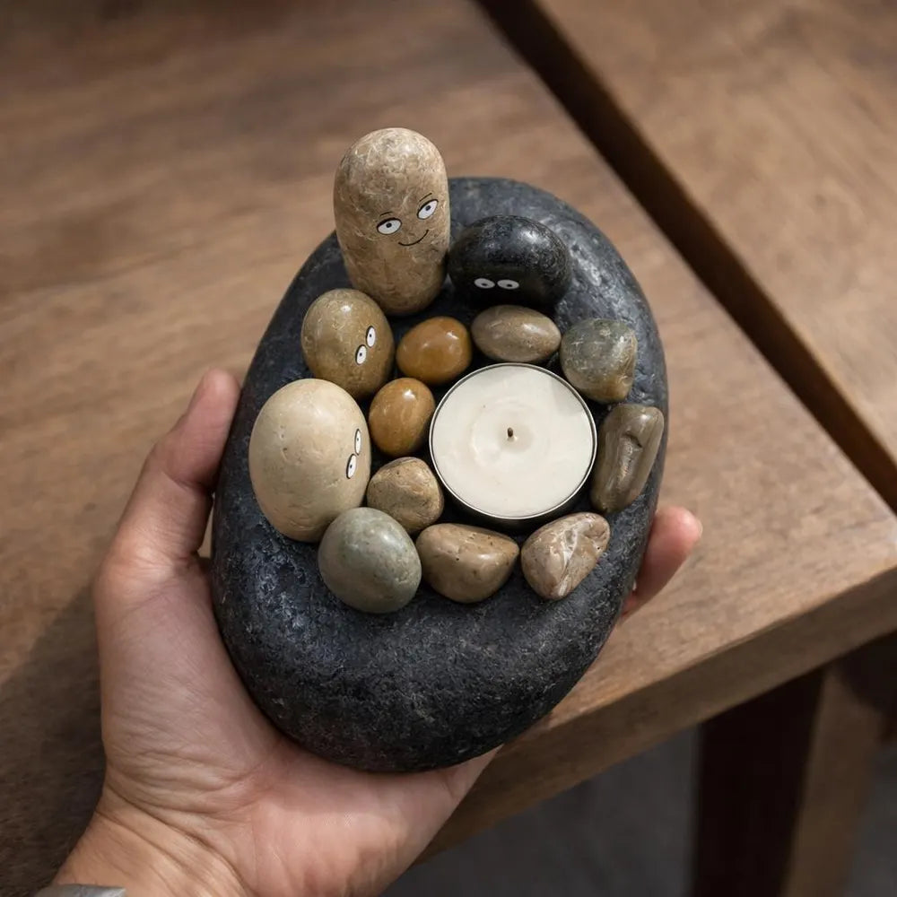 Hand Painted Pebble Candle Holder | Stone Family Figurine Decor | Handmade River Rock Art | Cute Minimal Home Gift