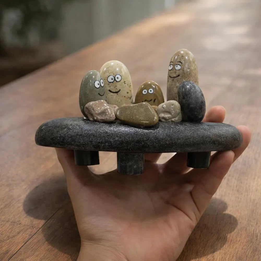 Hand Painted Pebble Candle Holder | Stone Family Figurine Decor | Handmade River Rock Art | Cute Minimal Home Gift