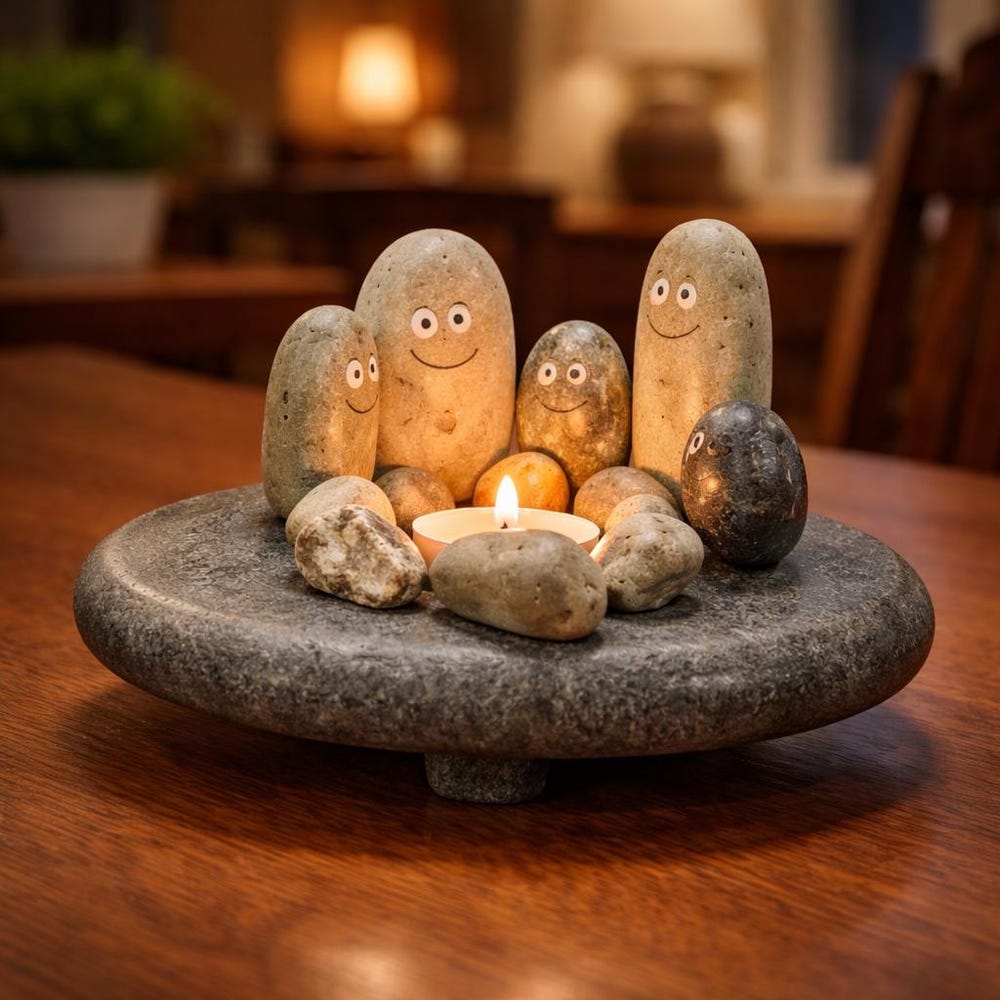 Hand Painted Pebble Candle Holder | Stone Family Figurine Decor | Handmade River Rock Art | Cute Minimal Home Gift