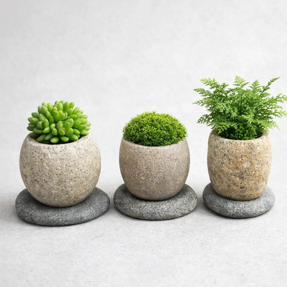 Succulent Planter — Natural River Stone Desk Pot with Base, Small Miniature Indoor Bowl