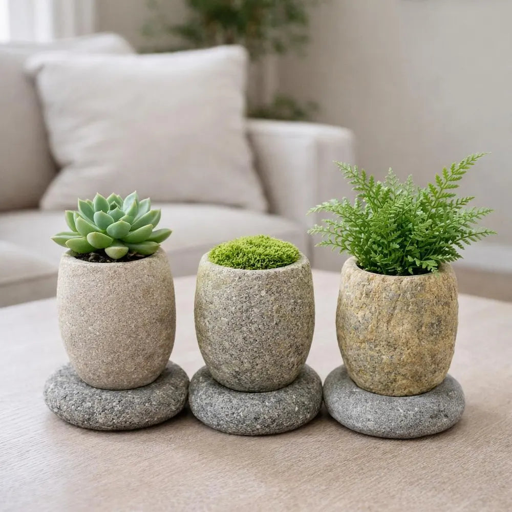 Succulent Planter — Natural River Stone Desk Pot with Base, Small Miniature Indoor Bowl
