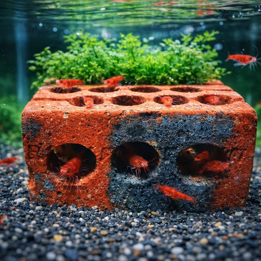 Aquarium Planter Brick with Shrimp Cave | Aquatic Planter Pot | Shrimp Hideout with Plant Holes | Natural Aquarium Decor