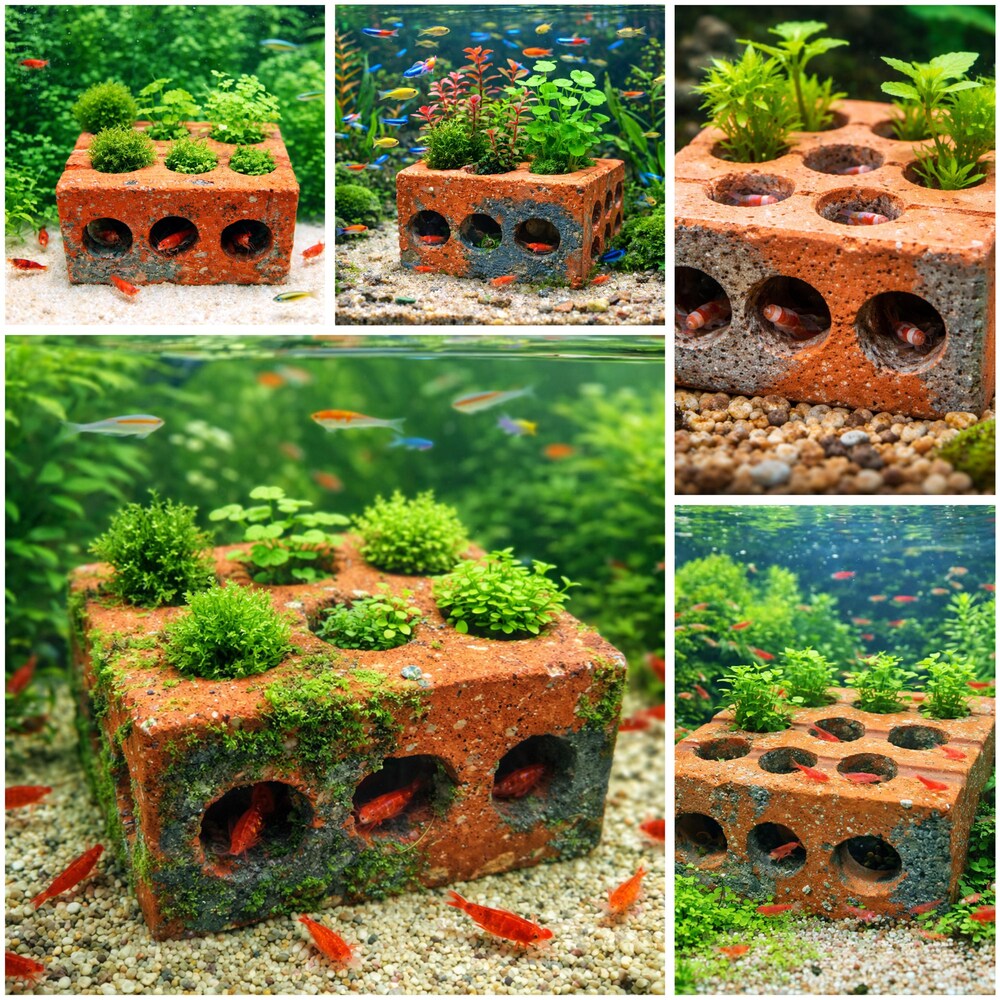 Aquarium Planter Brick with Shrimp Cave | Aquatic Planter Pot | Shrimp Hideout with Plant Holes | Natural Aquarium Decor