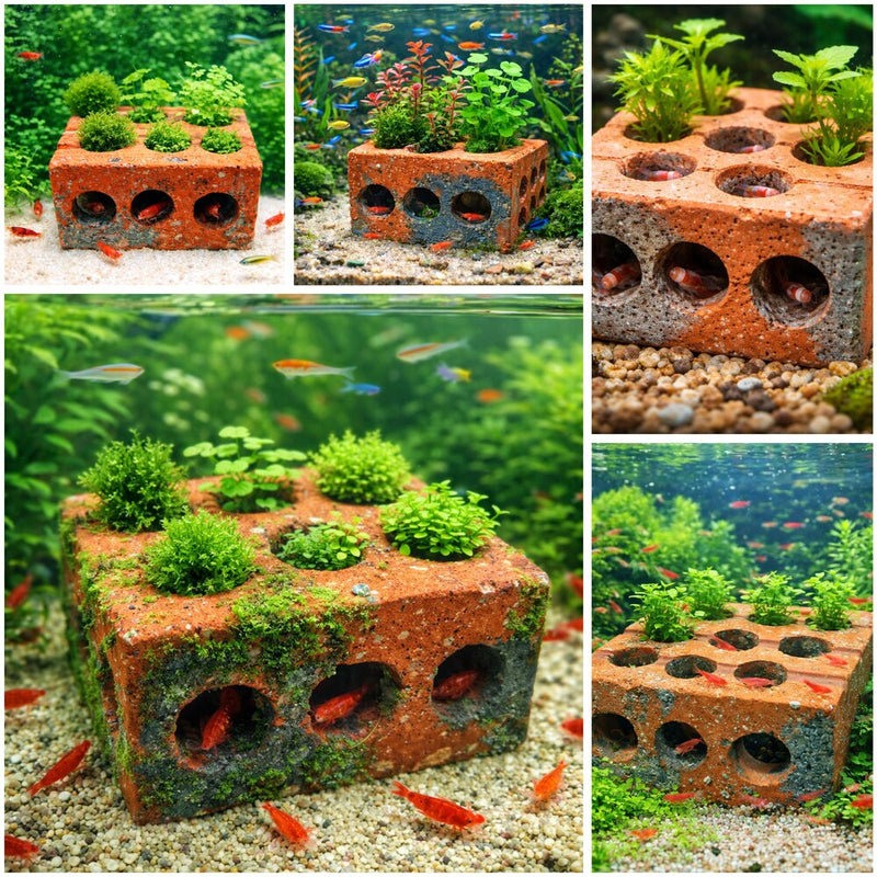Aquarium Planter Brick with Shrimp Cave | Aquatic Planter Pot | Shrimp Hideout with Plant Holes | Natural Aquarium Decor
