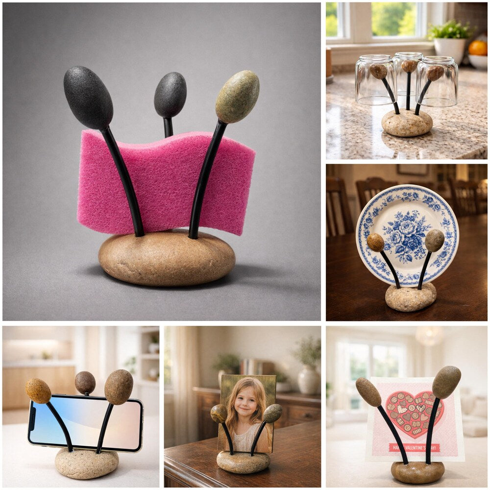 Natural Pebble Multi-Purpose Stand | Adjustable Stone Holder for Sponge, Phone, Photo and Kitchen Decor | Handmade River Rock Base