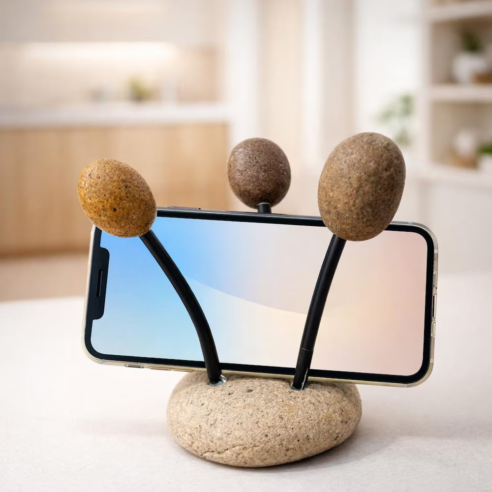 Natural Pebble Multi-Purpose Stand | Adjustable Stone Holder for Sponge, Phone, Photo and Kitchen Decor | Handmade River Rock Base