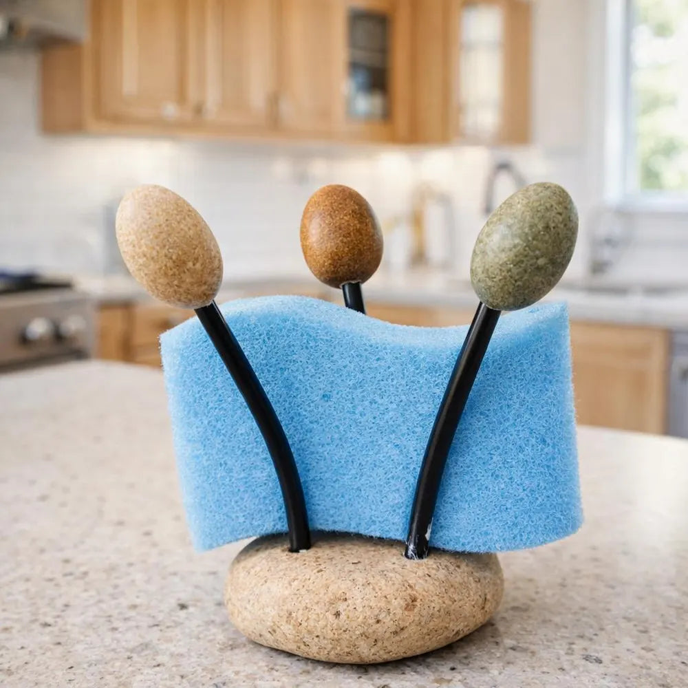Stone Sponge Holder for Kitchen Sink | Natural Pebble Sponge Stand | Flexible Rustproof Wire | Handmade Kitchen Counter Organizer