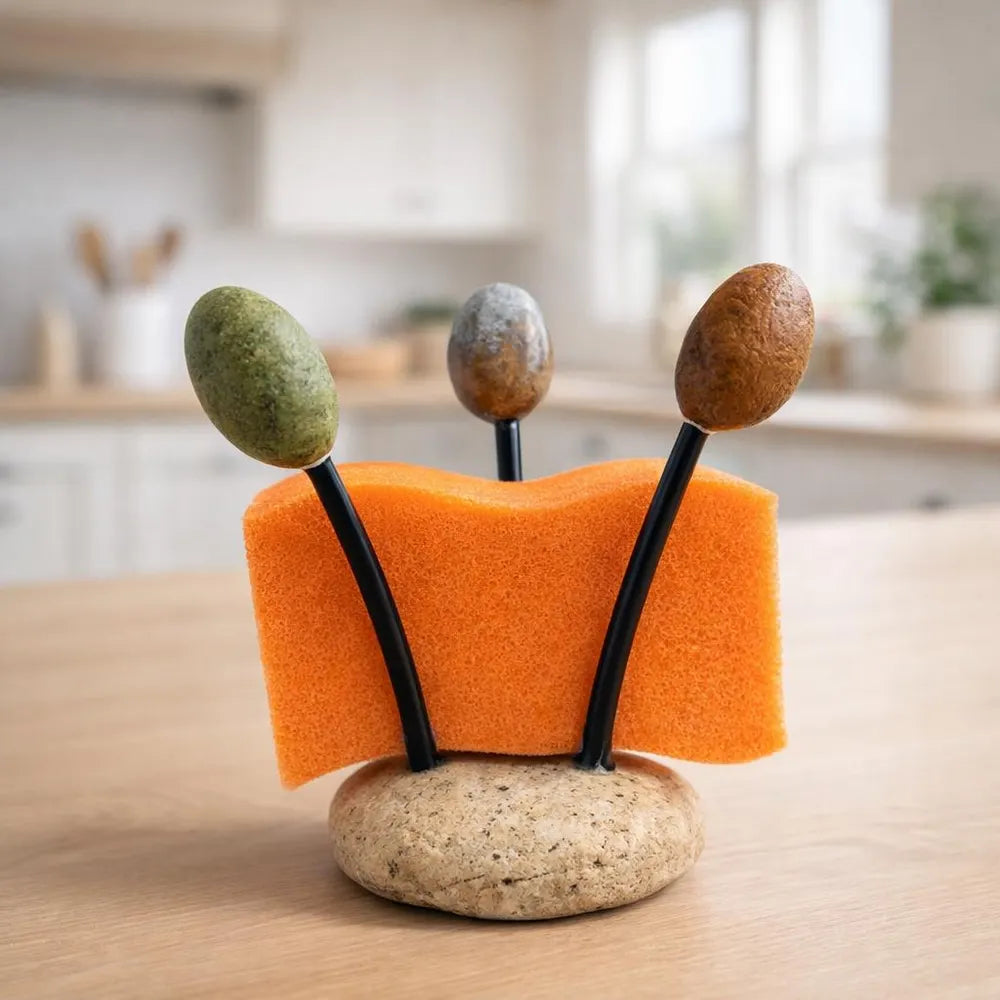 Stone Sponge Holder for Kitchen Sink | Natural Pebble Sponge Stand | Flexible Rustproof Wire | Handmade Kitchen Counter Organizer