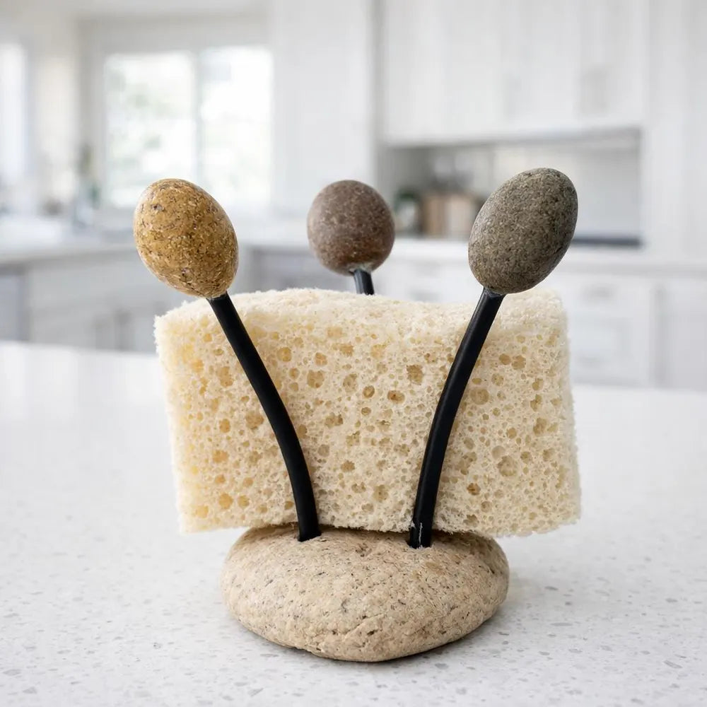 Stone Sponge Holder for Kitchen Sink | Natural Pebble Sponge Stand | Flexible Rustproof Wire | Handmade Kitchen Counter Organizer