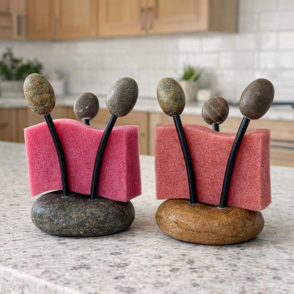 Natural Pebble Multi-Purpose Stand | Adjustable Stone Holder for Sponge, Phone, Photo and Kitchen Decor | Handmade River Rock Base