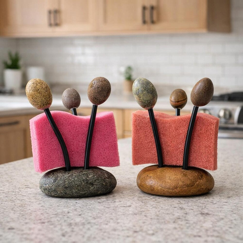 Stone Sponge Holder for Kitchen Sink | Natural Pebble Sponge Stand | Flexible Rustproof Wire | Handmade Kitchen Counter Organizer